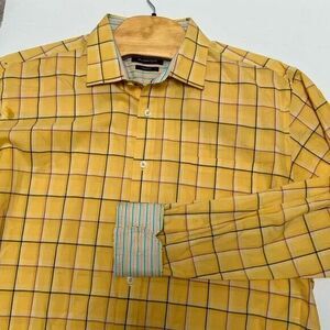 BUGATCHI Classic Fit Yellow‎ Plaid Stripes Flip Cuff Cotton LS Shirt XL